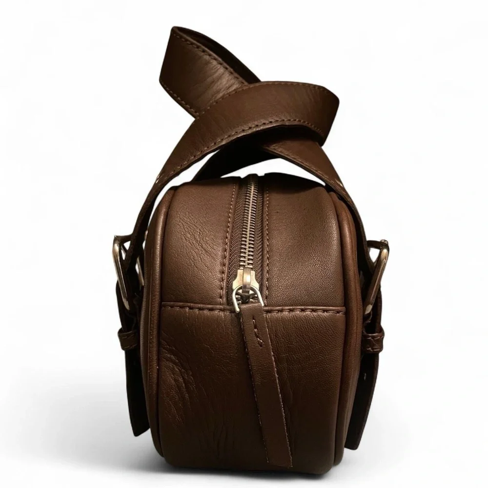 Free People Say Yes Bag Mini Chocolate Brown Leather Buckle Accents Boho Chic - Picture 3 of 8